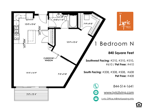 Floor plan for 1 bed, 1 bath, 840 sqft
